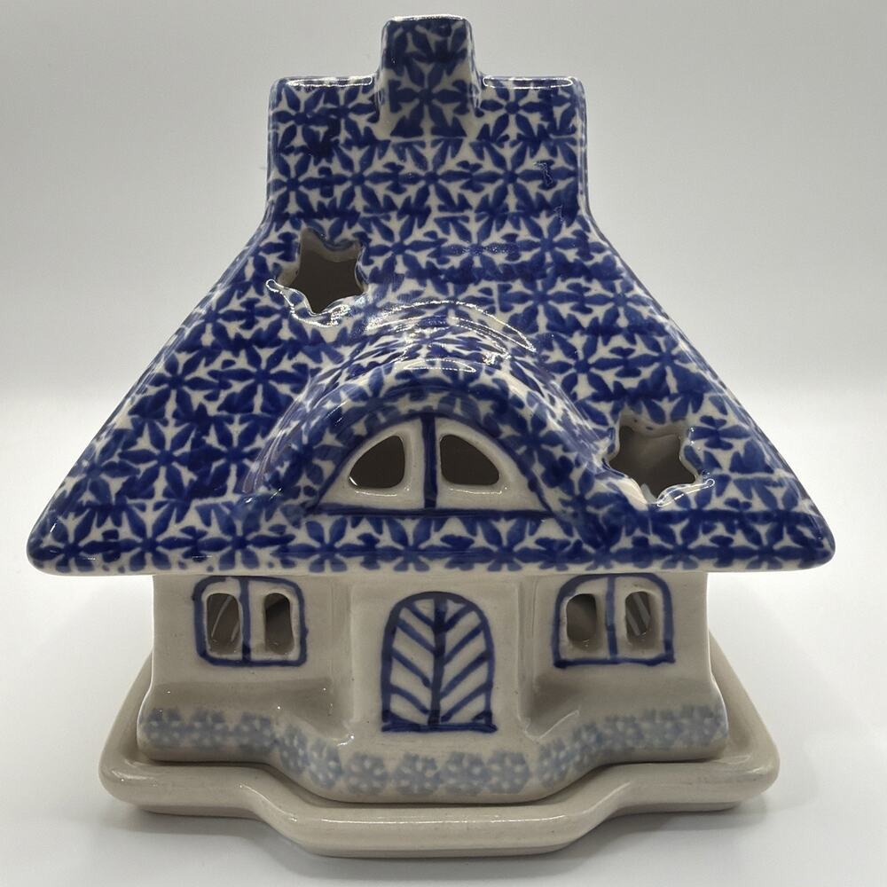 Poland Polish Pottery Votive Candle Tea Light Cottage House Snowflakes Blue/Wht